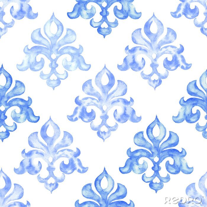 Tapete Hand gezeichnete Aquarellverzierung, blaues nahtloses Muster, Weinlese, die Hintergrund wiederholt.