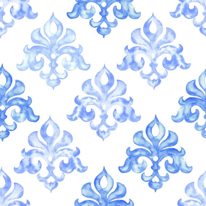 Tapete Hand gezeichnete Aquarellverzierung, blaues nahtloses Muster, Weinlese, die Hintergrund wiederholt.