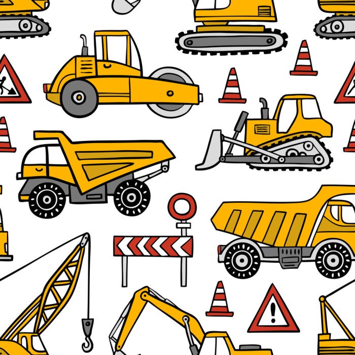 Tapete Hand gezeichnete nahtlose Vektormuster der Bauautos auf weißem Hintergrund