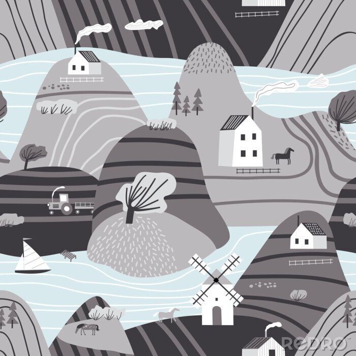 Tapete Hand gezeichnete Vektor abstrakte skandinavische Grafik Illustration nahtloses Muster mit Haus, Bäume und Berge. Nordisches Naturlandschaftskonzept. Perfekt für Kinder Stoff, Textil, Kinderzimmer Tape
