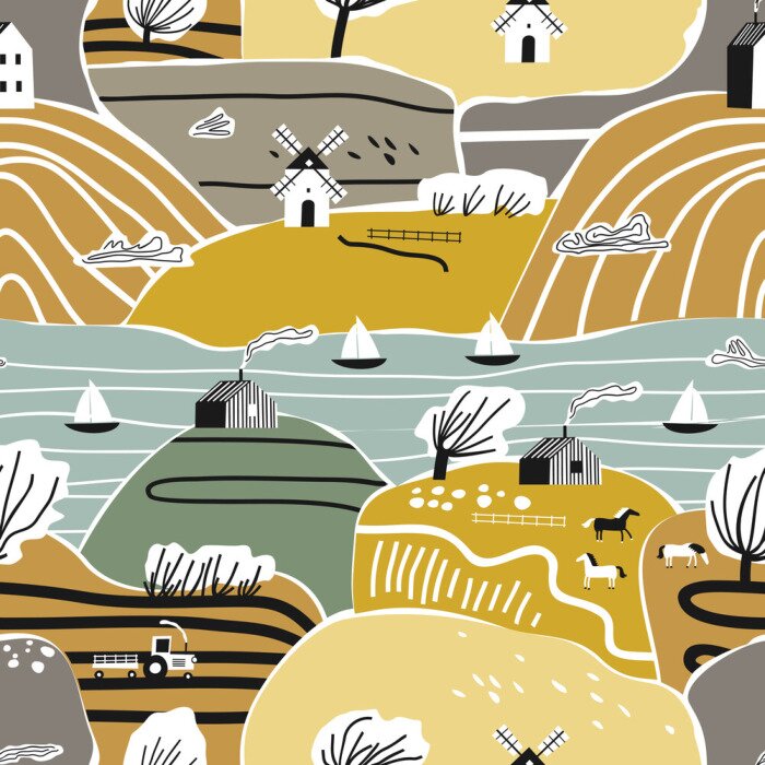 Tapete Hand gezeichnetes nahtloses Muster mit Haus, Bäumen und Hügeln. Europa Naturlandschaftskonzept. Perfekt für Kinder Stoff, Textil, Kinderzimmer Tapete. Herbst