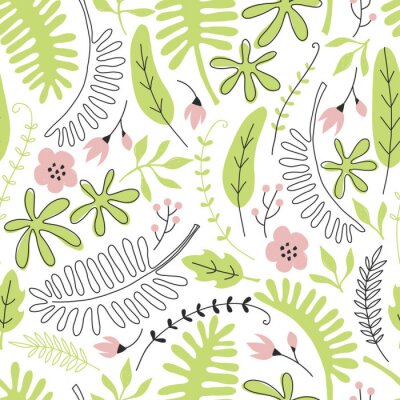 Hand gezeichnetes nahtloses Muster mit tropischen Blättern und Blumen. Perfekt für Kinder Stoff, Textil, Kinderzimmer Tapete