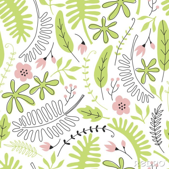Tapete Hand gezeichnetes nahtloses Muster mit tropischen Blättern und Blumen. Perfekt für Kinder Stoff, Textil, Kinderzimmer Tapete