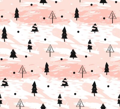 Hand gezeichnetes Vektorzusammenfassung Weihnachtsdekoration maserte nahtloses Musterdesign mit freihändiger schmutziger Bürste gemalte Weihnachtsbäume in den Pastellfarben, die auf weißem Hintergrund