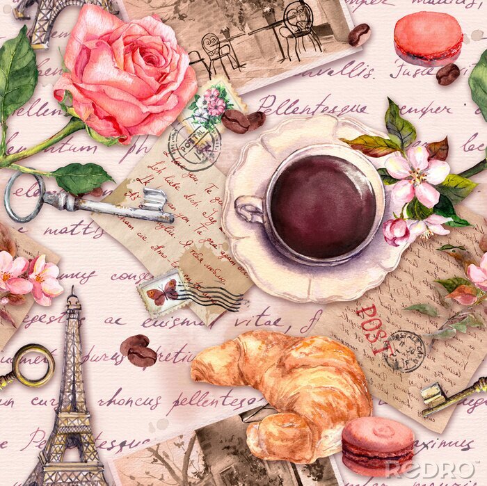 Tapete Hand written letters, Eiffel Tower, coffee or tea cup, macaroon cakes, rose flowers, stamps and keys. Vintage seamless pattern
