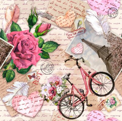 Tapete Hand written letters, hearts, bicycle with flowers in basket, vintage photo of Eiffel Tower, rose flowers, postal stamps, feathers. Seamless pattern about love, France, Paris