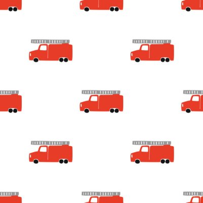 Tapete Hand zeichnen Sie ein Feuerwehrauto nahtloses Muster. Vector Boyish Hintergrund im skandinavischen Stil. Nettes Feuer des roten Feuers lokalisiert auf weißem Hintergrund. Druck für Kinder T-Shirt, Tex