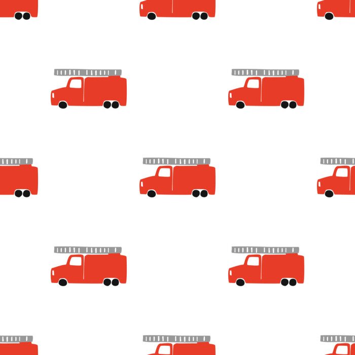 Tapete Hand zeichnen Sie ein Feuerwehrauto nahtloses Muster. Vector Boyish Hintergrund im skandinavischen Stil. Nettes Feuer des roten Feuers lokalisiert auf weißem Hintergrund. Druck für Kinder T-Shirt, Tex