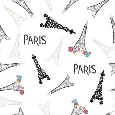 Tapete Handgezeichnete bunte Blumen des Eiffelturms, Pariser Textmuster