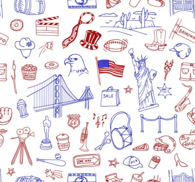 Handgezeichnete Gekritzelansammlung der verschiedenen amerikanischen Gegenstände, Gebäude und Zeichen. Linie Kunst Symbole Muster.