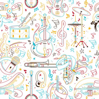 Tapete Handgezeichnete Kontur nahtloses Muster der Musikinstrumente