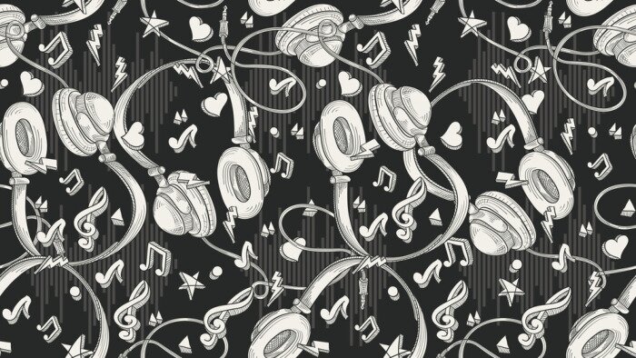 Tapete Handgezeichnete musikalische Kopfhörer - nahtloses monochromes Muster