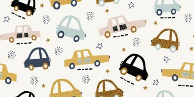 Handgezeichnetes nahtloses Muster der Kinder mit bunten Autos