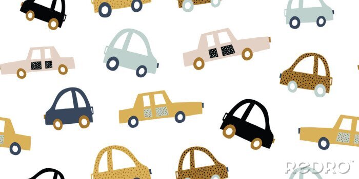 Tapete Handgezeichnetes nahtloses Muster der Kinder mit bunten Autos