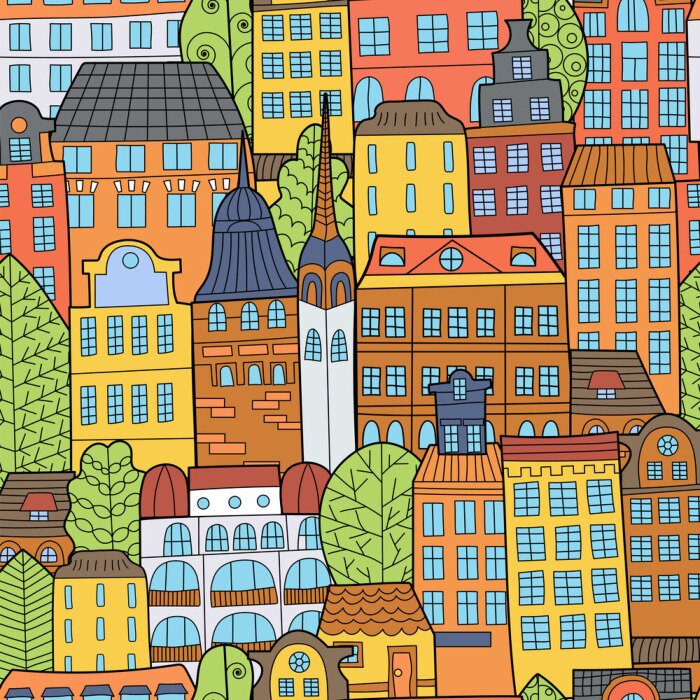 Tapete Handgezogene Gekritzelhäuser.