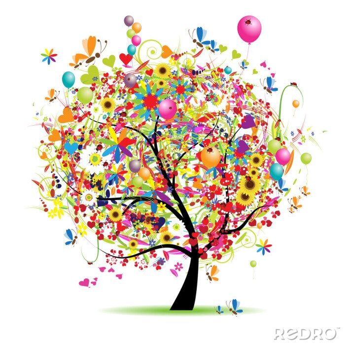 Tapete Happy Urlaub, lustige Baum mit Ballons