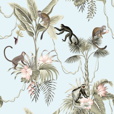 Tapete Hawaiian vintage botanical palm tree,banana tree, palm leaves, hibiscus flower, liana, monkey animal summer paradise floral seamless pattern blue background.Exotic jungle wallpaper.