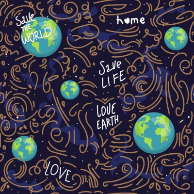 Tapete heart shaped earth. Cartoon globe. web icons green happy nature character. love ecology earth planet world map seamless pattern vector illustration. save the planet. motivation inscription