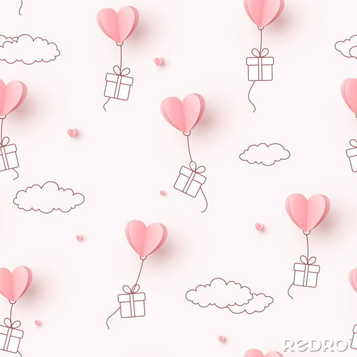 Tapete Hearts balloons with gift box flying on pink sky background. Vector love seamless pattern for Happy Mother's or Valentine's Day greeting card design..