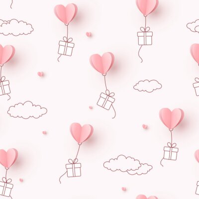 Tapete Hearts balloons with gift box flying on pink sky background. Vector love seamless pattern for Happy Mother's or Valentine's Day greeting card design..