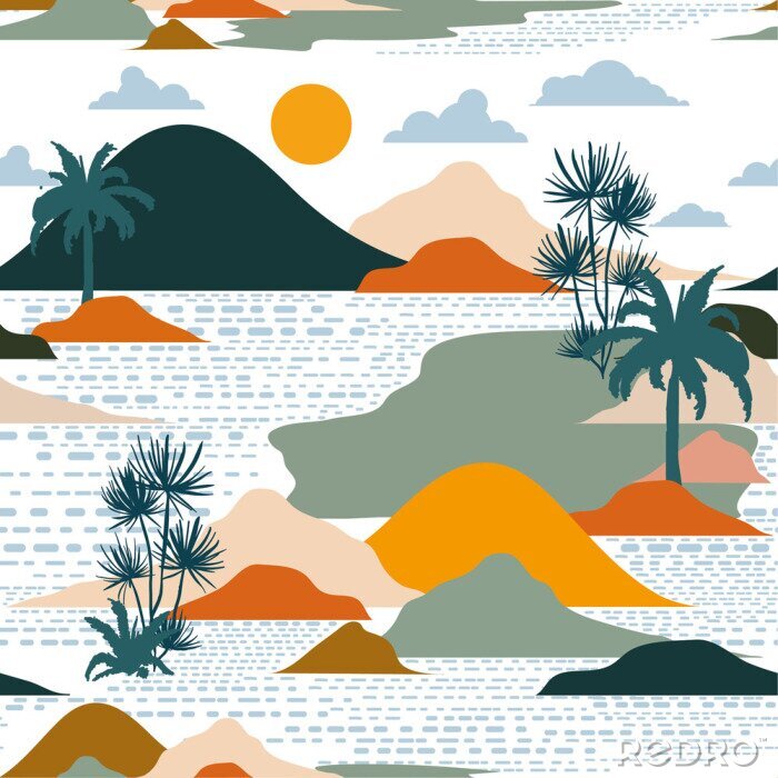 Tapete Helle und bunte Silhouette der Insel, der Palme, des Strandes, des Berges auf dem nahtlosen Mustervektorentwurf des modernen Papierschnittstils für Mode, Stoff und alle Drucke