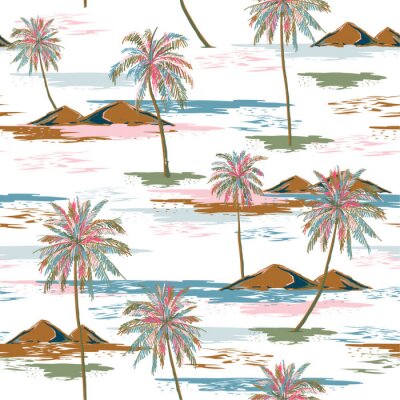 Tapete Heller und trendiger monotoner blauer nahtloser Inselmustervektor Aloha. Landschaft mit Palmen, Strand und Ozeanvektor handgezeichneten Stil
