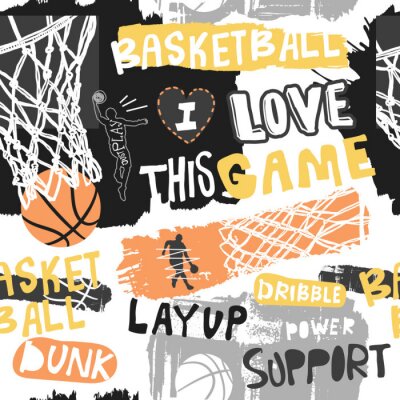Tapete Helles nahtloses Muster für Basketball. Handzeichnung Sportdruck, Hintergrund, Typografie-Slogan. Druckdesign für T-Shirts, Kleidung, Banner, Flyer. Skizze im Grunge-Stil