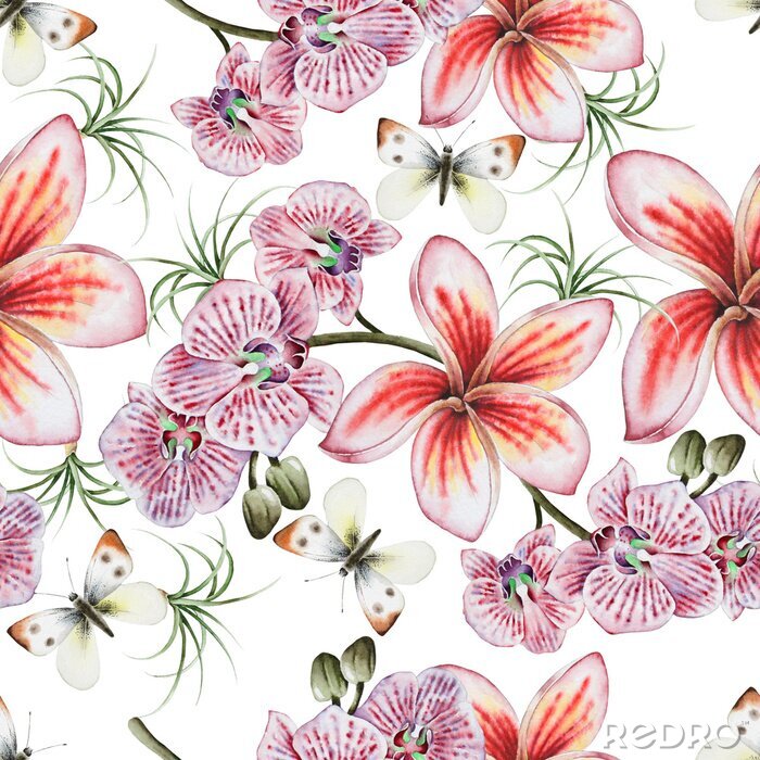 Tapete Helles nahtloses Muster mit Blumen. Plumeria. Orchidee. Schmetterling. Aquarellillustration