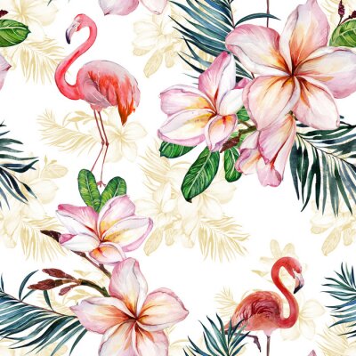 Tapete Hellrosa Blumen und Flamingos