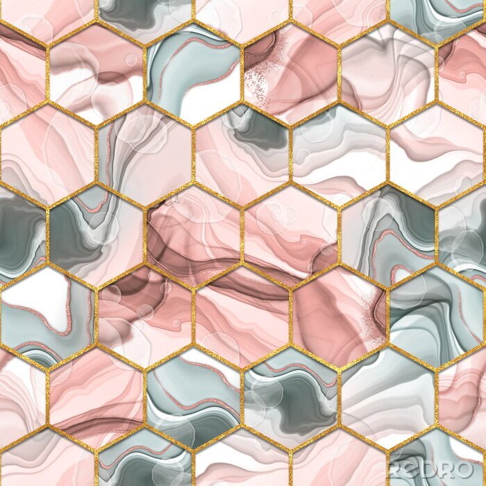 Tapete Hexagone in Rosa und Grau