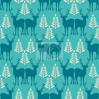 Tapete Hirsch zwischen den Bäumen auf blauem Hintergrund
