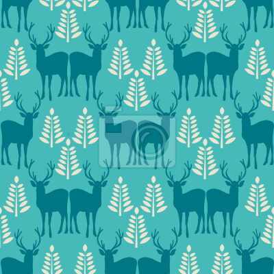 Tapete Hirsch zwischen den Bäumen auf blauem Hintergrund