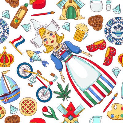 Tapete Holland Netherlands doodle icons seamless vector pattern