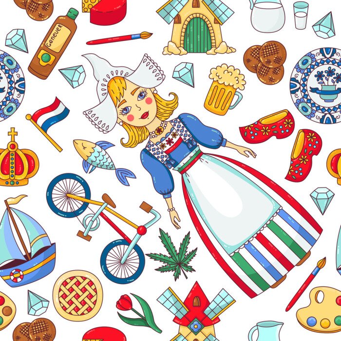 Tapete Holland Netherlands doodle icons seamless vector pattern