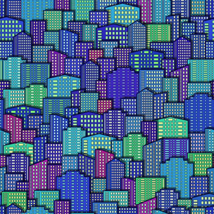 Tapete Horizontale nahtlose Landschaft, städtischer Hintergrund, Tagesstadt mit bunten Karikatur-Wolkenkratzern unter blauem Himmel. Vektor