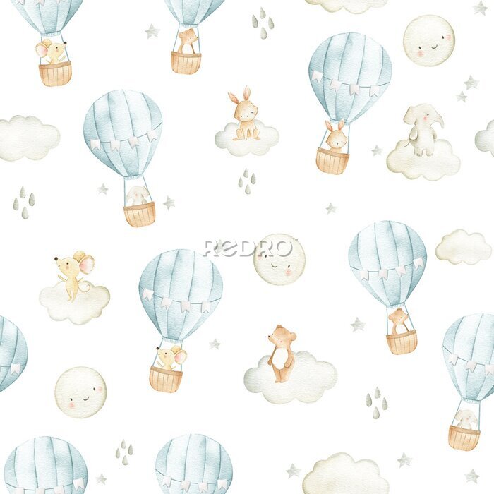 Tapete Hot air balloon  watercolor woodland animals  seamless pattern illustration