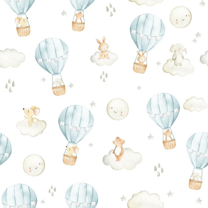 Tapete Hot air balloon  watercolor woodland animals  seamless pattern illustration