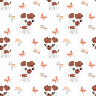 Tapete Hunde mit Blumen und Schmetterlingen