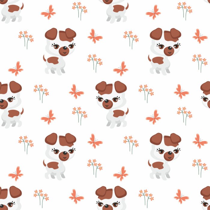 Tapete Hunde mit Blumen und Schmetterlingen