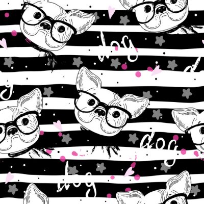 Tapete Hunde mit Brille auf Streifen-Hintergrund