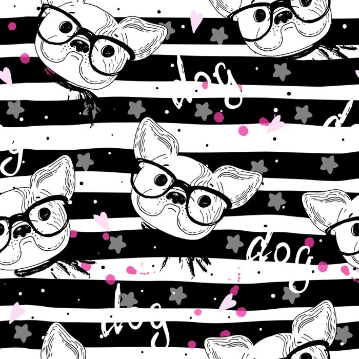 Tapete Hunde mit Brille auf Streifen-Hintergrund