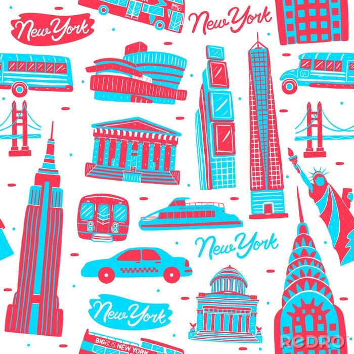 Tapete Illustration of seamless pattern New York city landmark with flat design style.