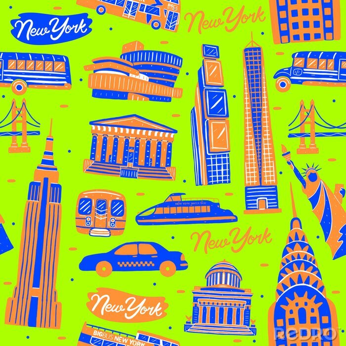 Tapete Illustration of seamless pattern New York city landmark with flat design style.