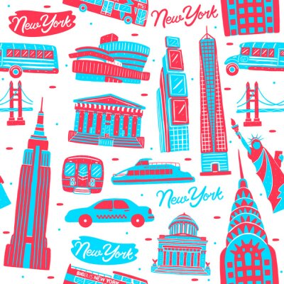 Tapete Illustration of seamless pattern New York city landmark with flat design style.