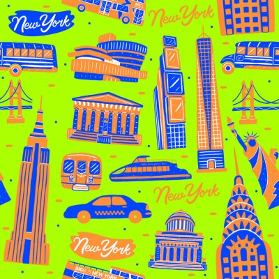 Tapete Illustration of seamless pattern New York city landmark with flat design style.