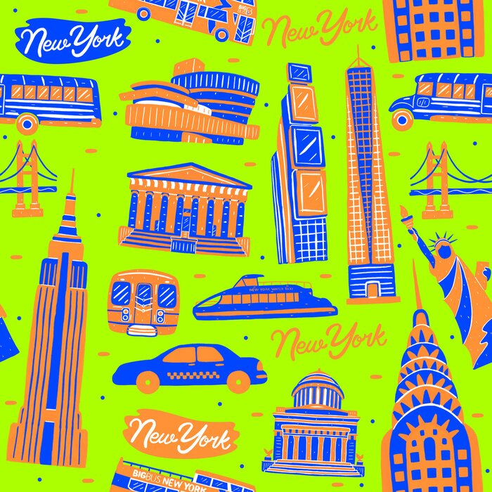Tapete Illustration of seamless pattern New York city landmark with flat design style.