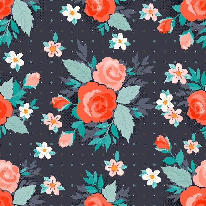 Tapete Illustrierte Blumen mit Blättern auf dunklem Hintergrund