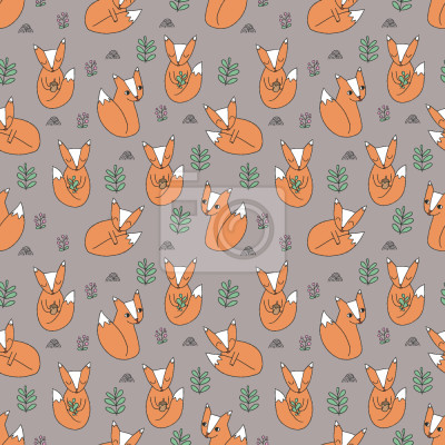 Tapete Illustrierte Füchse und Blätter