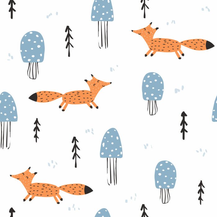 Tapete Illustrierte Füchse und blaue Bäume