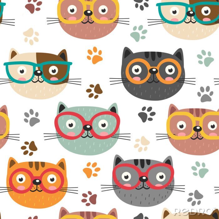 Tapete Illustrierte Katzen mit bunten Brillen